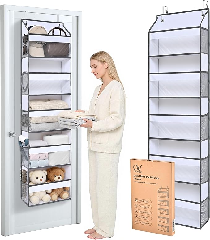 5 Tiers Ultra-thin Over Door Organizer with 10 Mesh Side Pockets, 44 lbs Weight Capacity Hanging Storage Organizer with Clear Window Kids Toys, Shoes, Diapers, White & Grey