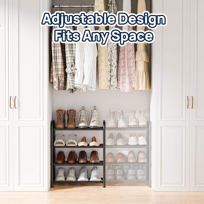 ENJOYBASICS 4 Tier Expandable Shoe Rack for Closet, Free Standing Metal Shoe Shelf Storage Organizer Holder 16 Pairs, Adjustable Width Shoe Rack for Entryway Small Space, Black