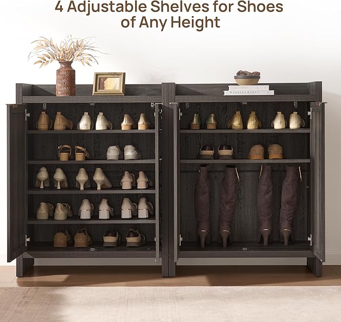SICOTAS 41" Tall Shoe Cabinet, 24 Pair Shoe Storage Cabinet with Doors and 6-Tier Shelves, Rattan Shoe Cabinet Storage for Entryway, Farmhouse Boho Wooden Cabinet for Hallway, Black Oak