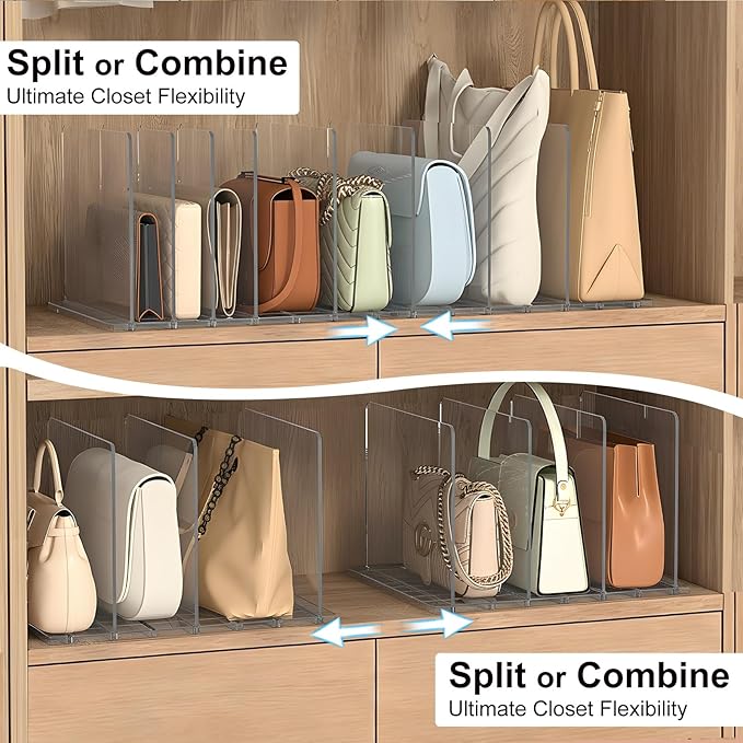 SortNStore Bag & Purse Organizer for Closet: Adjustable Clear Handbag Storage Shelf - Plastic Clutch Dividers for Closet Organizers and Storage - Keep Carteras & Pocketbook Upright 3 Pack - 11Dividers