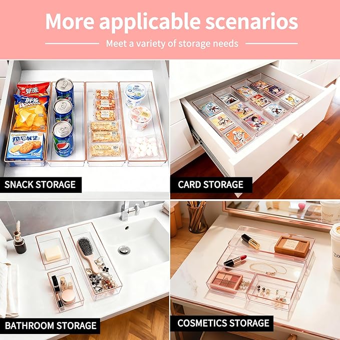 12 Pack Large Size Clear Stackable Drawer Organizer Trays, Rose Gold Rim Makeup Drawer Storage Tray Divider, Desk Storage for Makeup, Jewelry, Bathroom, Stationary, Kitchen Utensils and Office Desk