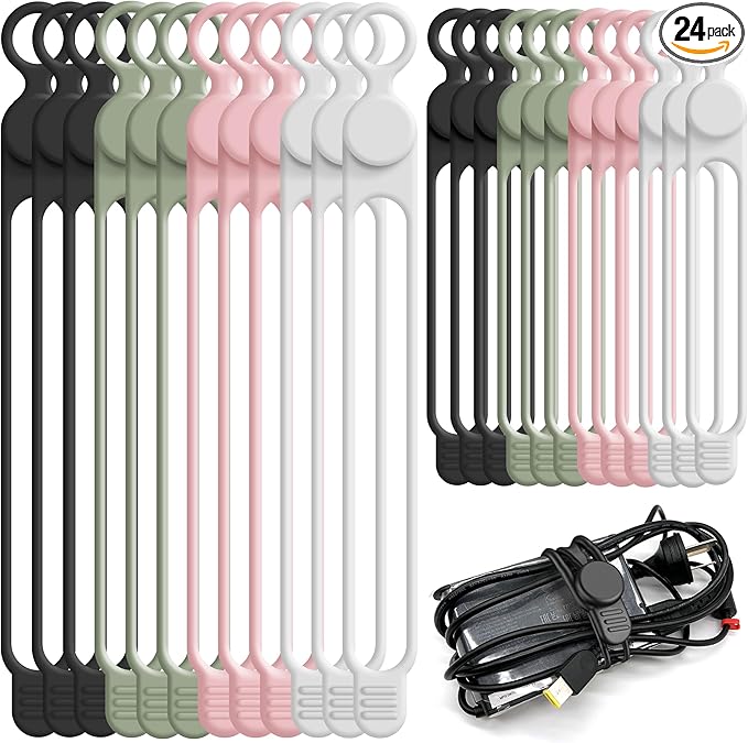 Silicone Cable Ties Cord Organizer for Cable Management, 24PCS 4.2" and 7.1" Reusable Cable Organizer Electronic Accessories for Home, Office, Kitchen, School, Travel (4 Colors)