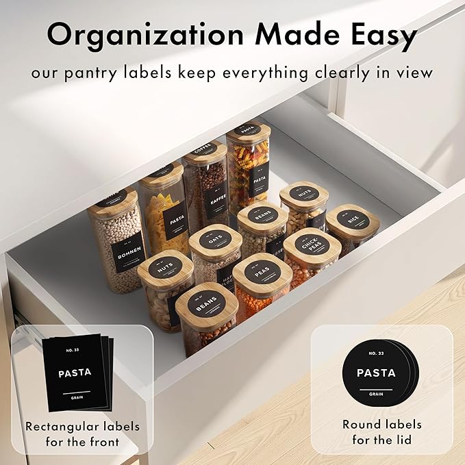 EDELHAUS Square Glass Storage Containers with Bamboo Lids 12-Pack (4x 30 oz, 8x 17 oz) Airtight Glass Storage Jars with Lids for Food, Stackable Glass Kitchen Canisters with 114 Labels for Pantry
