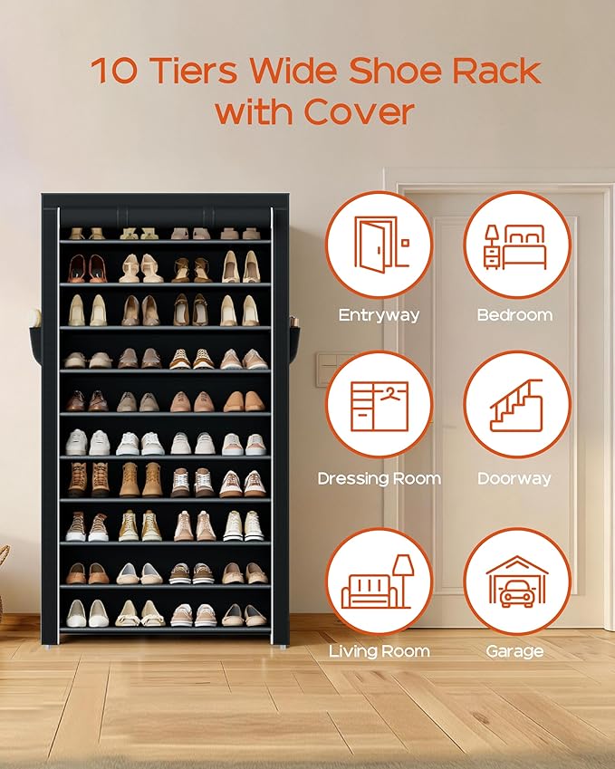 Shoe Rack with Covers, 10 Tiers Tall Shoe Rack Organizer, SRT103B01