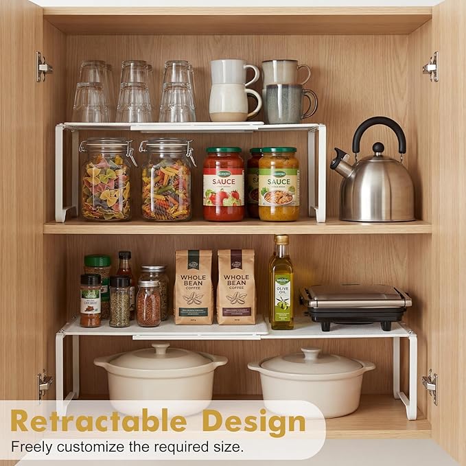 Extendable Dense Mesh Metal Shelf - 15-24.4in Adjustable Stackable Organizer for Kitchen, Bathroom, Shoe Cabinet & Tool Closet, Dust-Proof Small Item Friendly Storage Rack (2 Piece, Black)