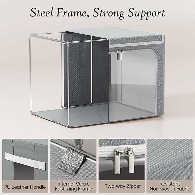 Yecaye Clothes Storage Bins with Metal Frame, Foldable Clothing Storage Bin with Lid, Stackable Oxford Fabric Organizer Box With Clear Window & Zippers & PU Leather Handles (4 Pack,Grey,40L)