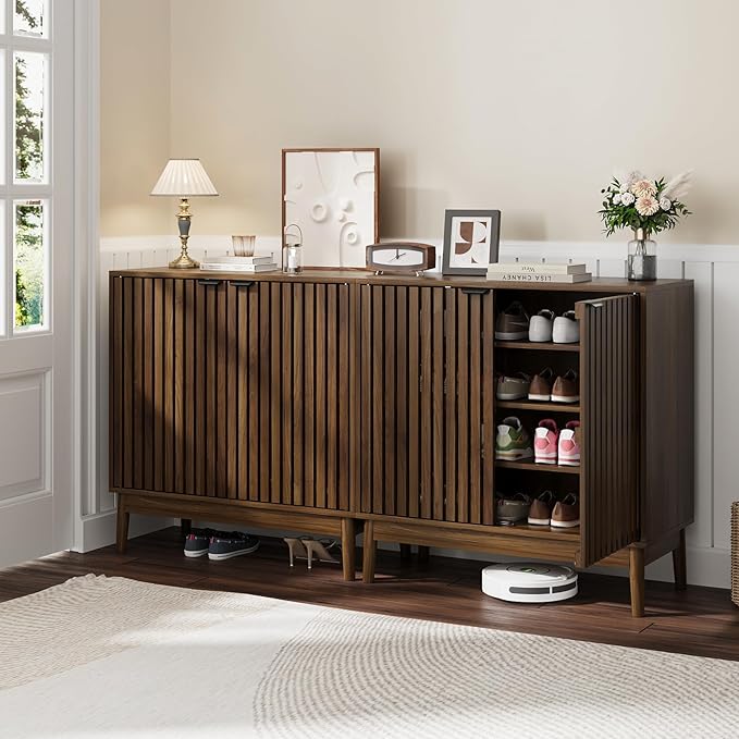 Kiasthome Shoe Storage Cabinet with Ventilated Slatted Doors, Wooden Shoe Organizer, Shoes Rack for Entryway, Hallway, Living Room