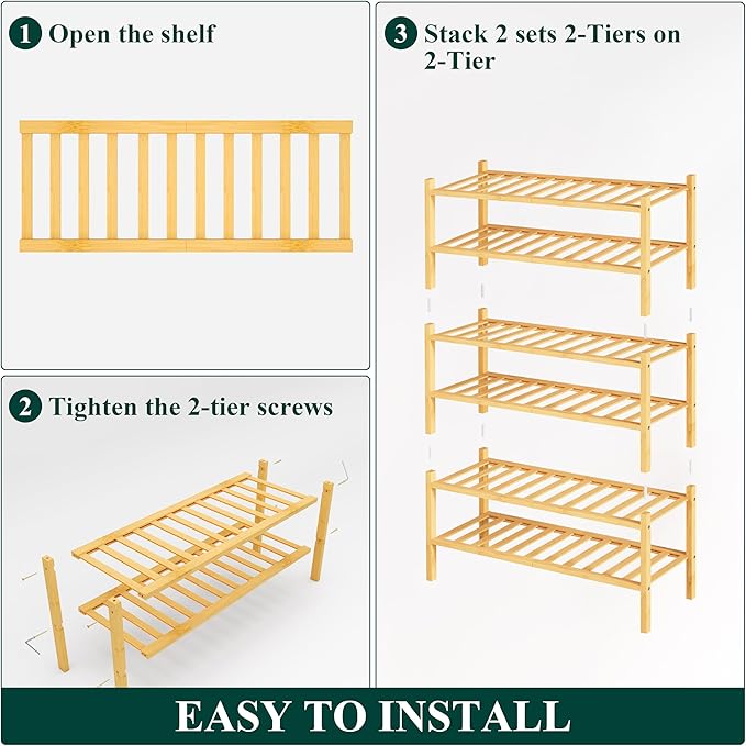 Smiry Bamboo Shoe Rack, 6 Tier Free Standing Wooden Shoe Organizer, Stackable Wood Shoe Storage Shelf for Closet, Entryway, 12 Vertical Slats, 2+2+2 Stack Standard Legs, 26.8"x11"x39", Natural