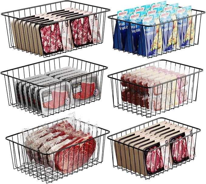 iSPECLE Freezer Organizer Bins - 6 Pack Stand Up Freezer Organizers for 16 Cu.Ft Upright Freezer, Storage Baskets for Meat & Veggies, Prevents Items Falling, Slide-Out Access, 3 Large 3 Medium, Black