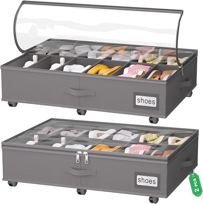 Under Bed Shoe Storage with Wheels, Fits 24 Pairs, Grey