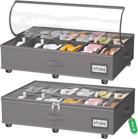 Under Bed Shoe Storage with Wheels, Fits 24 Pairs, Grey