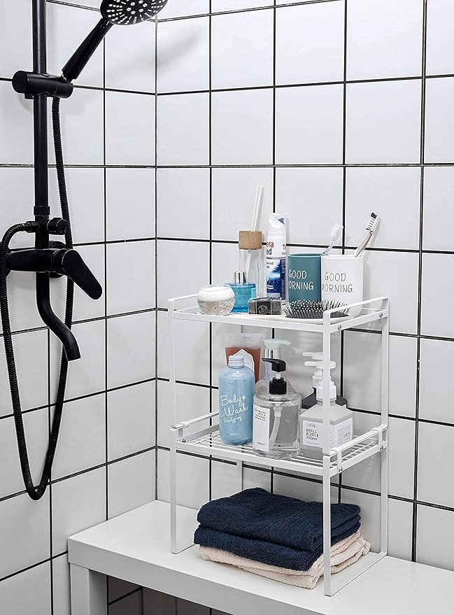 Shantton 2pk Kitchen Cabinet Shelf Counter Organizer Rack Pantry Storage Bathroom Bedroom Office Table Desk Space Saving Steel Frame Stackable Rust Resistant Non Slip White-Tall- L13in W8.3in H9.5in
