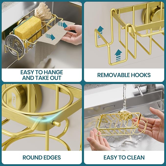 Sponge Holder with Strong Suction Cup, Stoppers & Scrapers -Gold