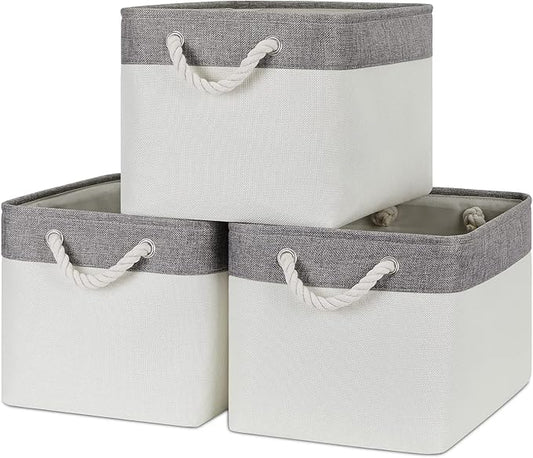 Bidtakay White Baskets with Cotton Rope Handles Decorative Storage Bins [3-pack]