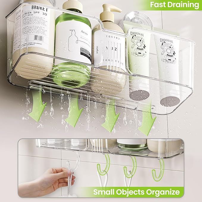 LUXEAR Shower Caddy Suction Cup, No Drilling Strong Hold Shower Organizer with Hooks & Soap Dish Fast Draining Removable Reusable Bathroom Storage Shelf Friendly for Bathroom/Kitchen/RV 22LBS Capacity