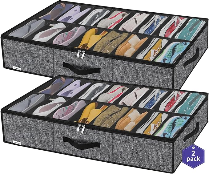Sturdy Under Bed Shoe Storage Organizer with Handles and Clear Window Fit 16