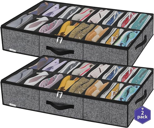 Sturdy Under Bed Shoe Storage Organizer with Handles and Clear Window Fit 16