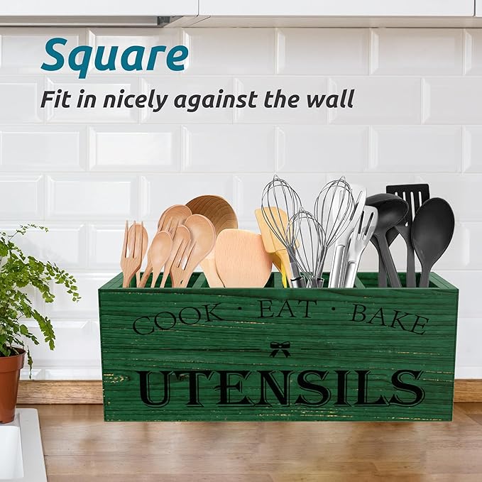 Extra Large Kitchen Utensils Holder with 4 Compartments, Green grain