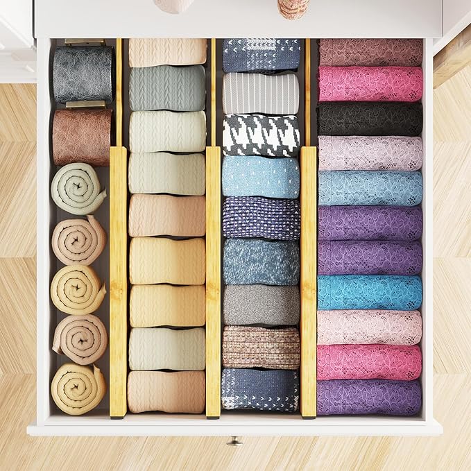 SpaceAid Bamboo Dresser Drawer Dividers 6 Pack, 4.65“ High Adjustable 12.5“-17” Drawer Organizers, Expandable Organization for Clothing, Clothes, Dressers, Natural