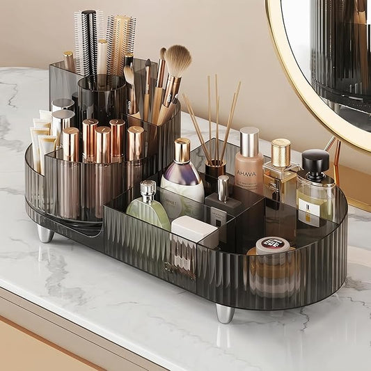 Booklov Rotating Makeup Organizer for Vanity, Large Capacity Cosmetic Display Case, Clear Acrylic Countertop Beauty Storage Holder for Skincare, Brush Eyeshadow Lipstick, Counter Desk, Crystal Black