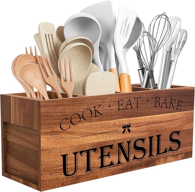 Suli Acacia Wood Utensil Holder for Kitchen Counter,Extra Large Utensils Holder with 4 Compartments,Caddy Organizer for Countertop, Farmhouse Kitchen Decor, Rustic Cooking Utensil-Acacia Brown