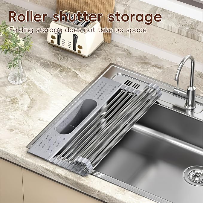 Roll Up Dish Drying Rack Over Sink, Grey
