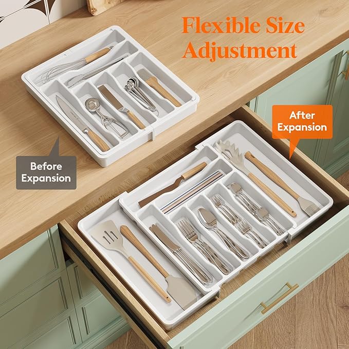 Utensil Organizer for Kitchen Drawer, Expandable Cooking Silverware Tray, White