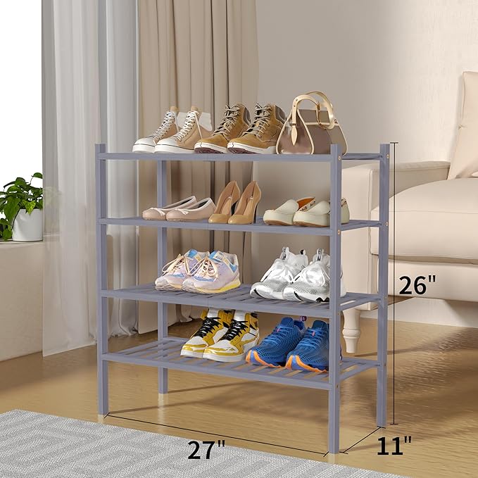 CRAFT 4 Tier Bamboo Shoe Rack for Closet Free Standing Wood Shoe Shelf, Grey