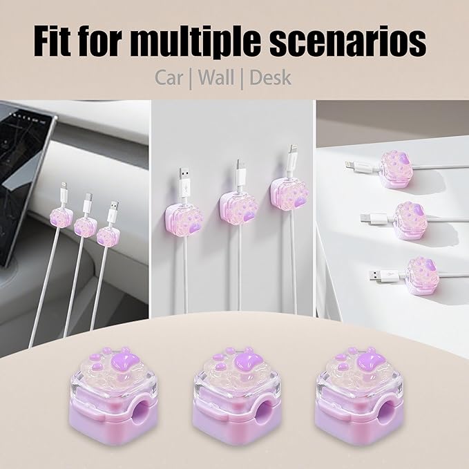 9Pack Magnetic Cable Clips for Nightstand, Adhesive Night-Glowing Cord Holder Organizer for Office Home Desk Wall Car (Purple,Cat)