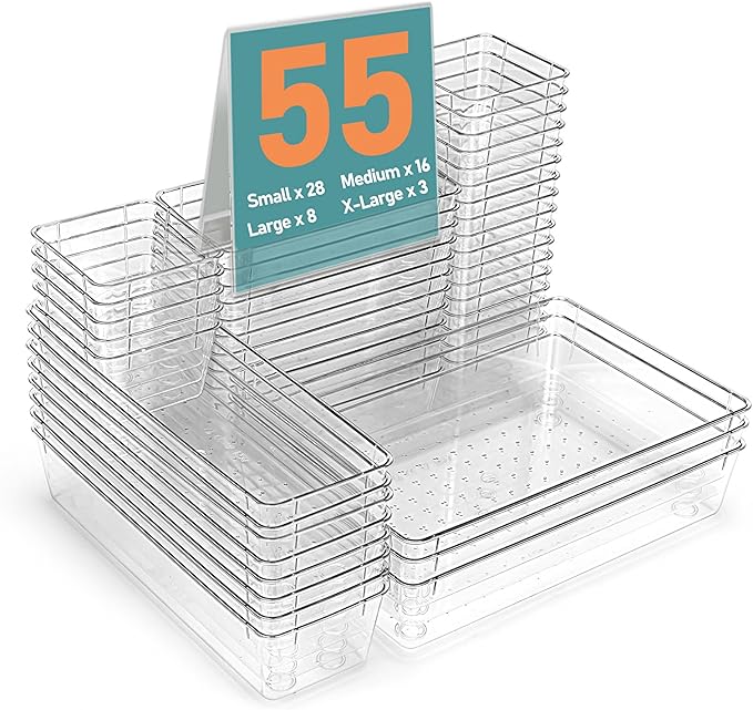55Pcs Clear Plastic Drawer Organizers Set