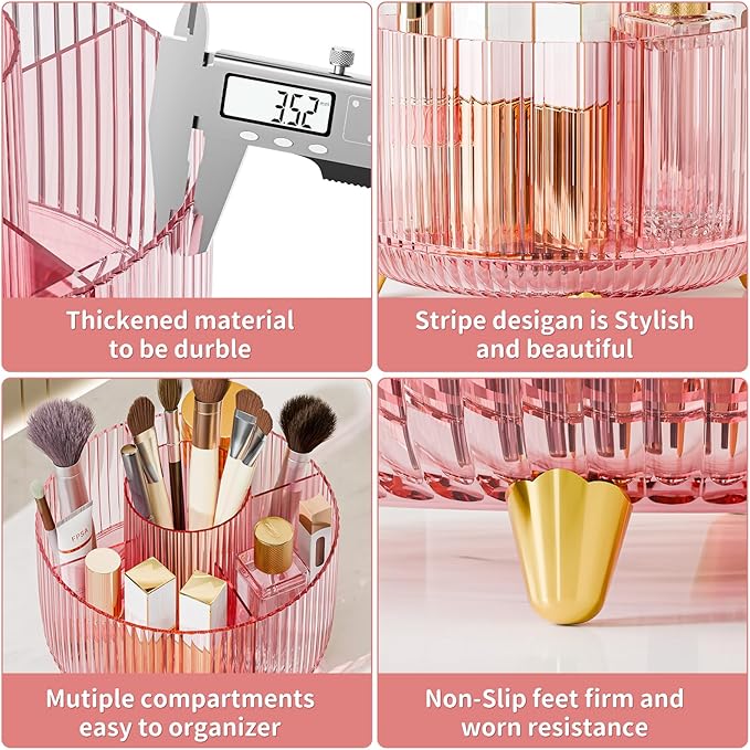 Clear Rotating Makeup Organizer Countertop for Vanity, Transparent Pink