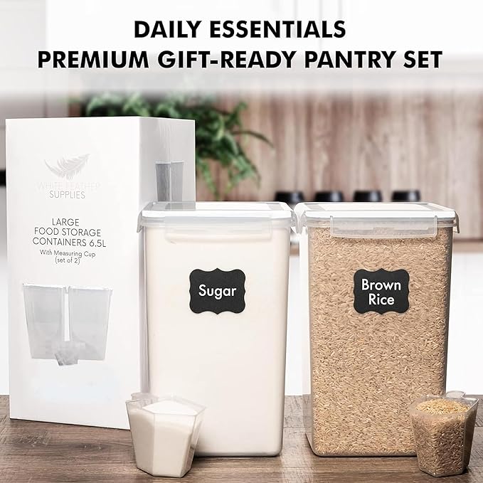 WHITE FEATHER SUPPLIES 2 PC [7 Qt / 6.5L / 220 Oz] Large Food Storage Containers with Lids Airtight - BPA Free Clear Plastic Kitchen and Pantry Storage Containers for Cereal, Flour, Sugar, Rice