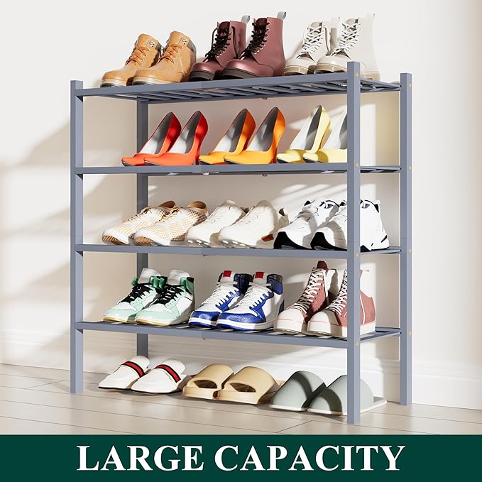 Smiry Bamboo Shoe Rack, 4 Tier Free Standing Wooden Shoe Organizer, Stackable Wood Shoe Storage Shelf for Closet, Entryway, 12 Vertical Slats, 2+2 Stack Standard Legs, 26.8"x11"x26", Grey