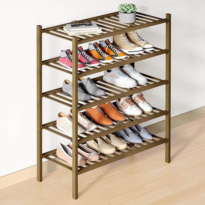 Bamboo Shoe Rack for Closet, 5 Tier Wooden Shoe Organizer, Walnut