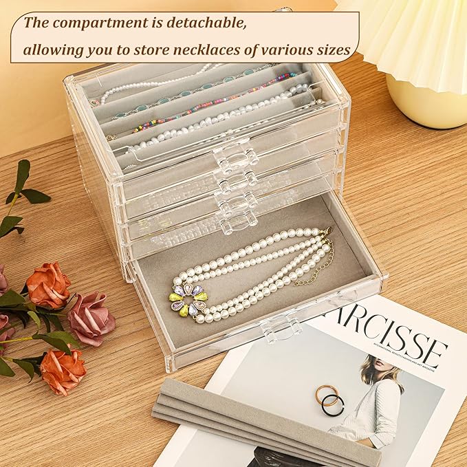 5 Drawerss Necklace Organizer Box, Tray with Clear Lid, Dustproof Velvet Necklaces Holder Storage Display Case, Gery Necklace Tray Drawer Insert for Pendant Suitable for Women and Girls (25 grids)