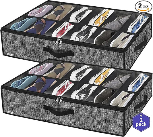 Sturdy Under Bed Shoe Storage Organizer, Set of 2, Fit 12 to 24 Pairs