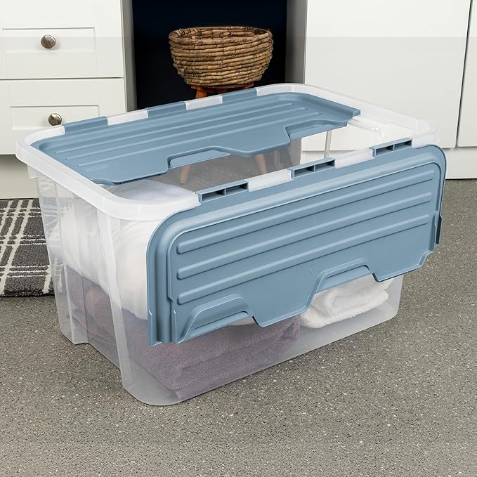 Sterilite 24 Pack Hinged Lid Storage Box, 60 Qt Plastic Container, Washed Blue - Home Organizer Tote for Storing Shoes, Crafts, Clothing, or Decor