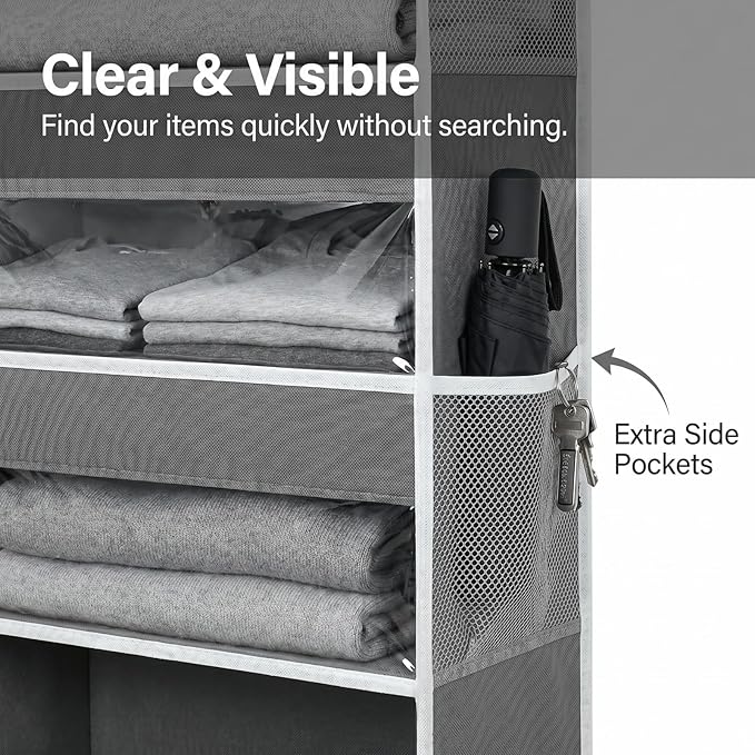 Over the Door Organizer with 5 Large Pockets and 10 Mesh Side Pockets, Hanging Organizer with Clear Windows 44 lbs Weight Capacity for Bedroom, Bathroom, Pantry, Nursery Dark Gray