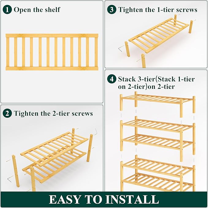 Smiry Bamboo Shoe Rack, 5 Tier Free Standing Wooden Shoe Organizer, Stackable Wood Shoe Storage Shelf for Closet, Entryway, 14 Vertical Slats, 2+2+1 Stack Heavy-Duty Legs, 26.8"x11"x32.5", Natural