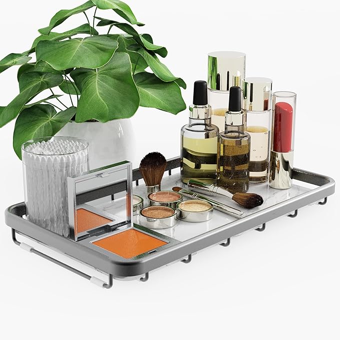Counter Organizer for Bathroom, Kitchen or Coffee Bar, Metal Shelf with Faux Marble, Vanity Countertop Makeup Storage, Dresser Perfume Display Rack, Toilet Tank Tray (Matte Black, 1-Tier)