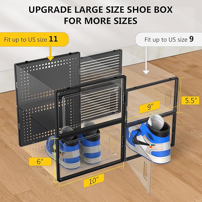 12 Pack XX-Large Clear Shoe Storage Boxes, Stackable Modular Plastic Shoe Organizer Front-Opening Door, Fit up to US Size 9 to13, Ventilated Dust-Proof Sneaker Display Cases Closet and Entryway, Black