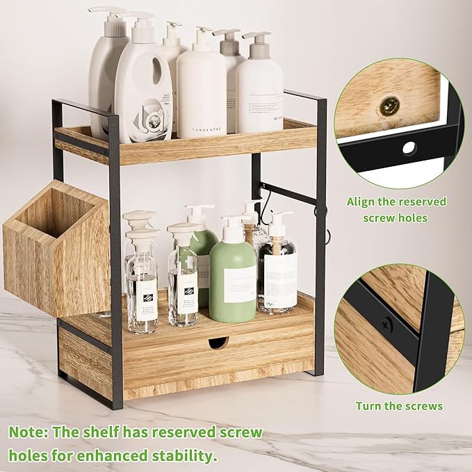 2-Tier Bathroom Counter Organizer with Drawer, Basket & Hooks, Light Brown