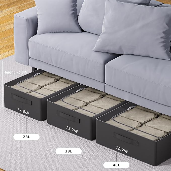CYhom 3Pcs Under Bed Storage Bins with Metal Frame - Shoe Organizer for Closet with Clear Cover Oxford Fabric Sturdy Underbed Container Foldable Stackable Clothes Organizer (Black, 23.5x11.8x6.3)