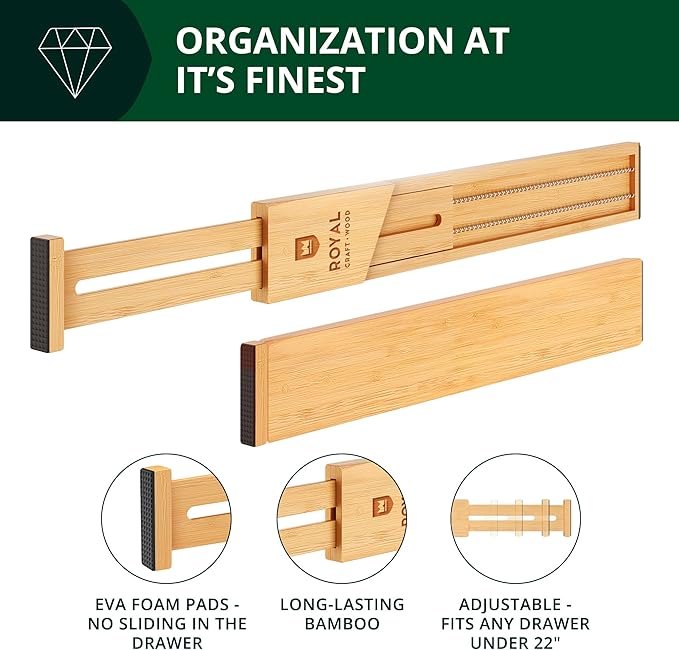 Bamboo Drawer Dividers Organizers, Adjustable Drawer Separator Splitters