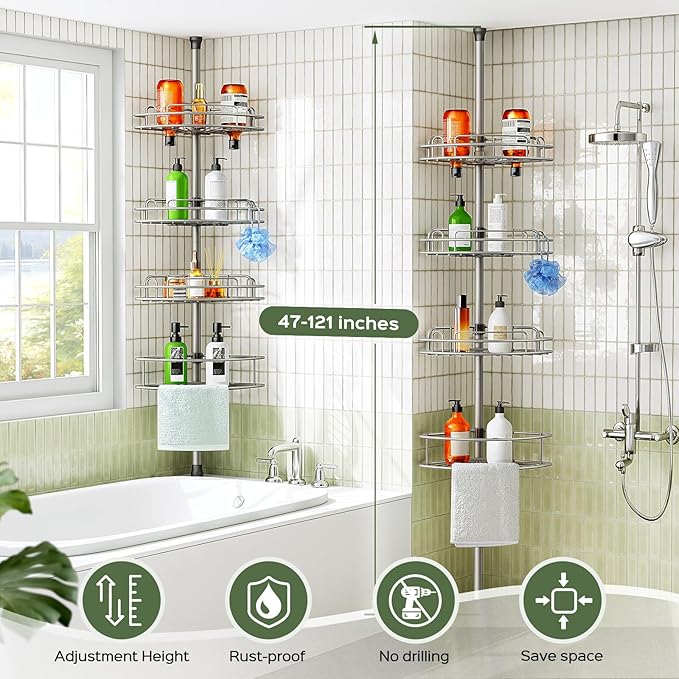 HAMITOR Corner Shower Caddy Tension Pole: 4-Tier Rust-Resistant Adjustable Bathroom Organizer Shelves - 47-121 Inch No-Drill Quick Installation - Space-Saving Storage for Renters Family - Silver Gray