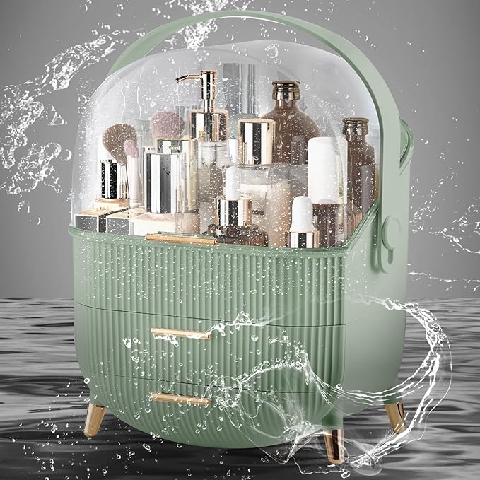 Makeup Organizer for Vanity, Large Capacity Skincare Cosmetic Organizer Countertop with 2 Drawers, Cosmetic Display Cases Makeup Storage Box for Bedroom, Bathroom, Ideal Gifts for Women(Green)