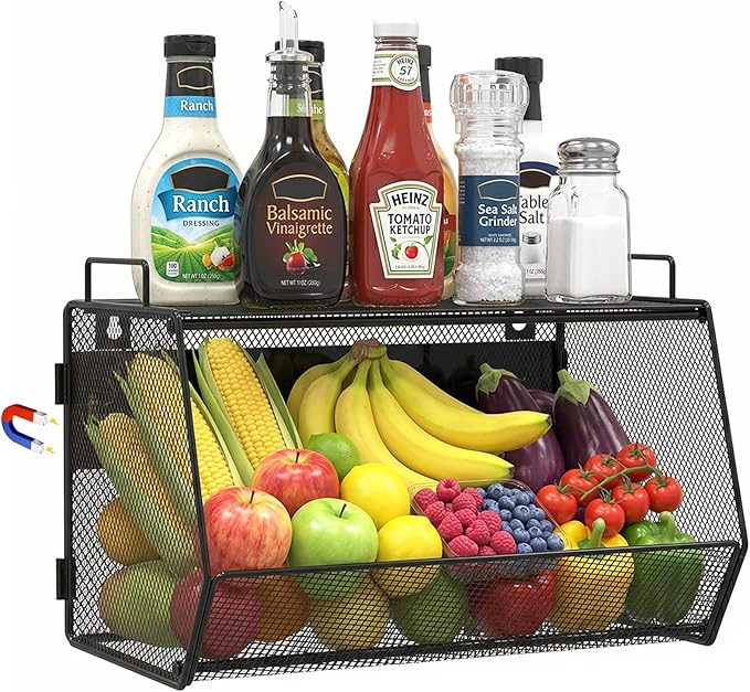 1 SET Magnetic Shelf for Fridge with Lid, Fruit Potato and Onion Storage Bins, Pantry Organizers and Storage, Large Container Magnetic Spice Rack for Refrigerator, Kitchen Counter & Cabinet