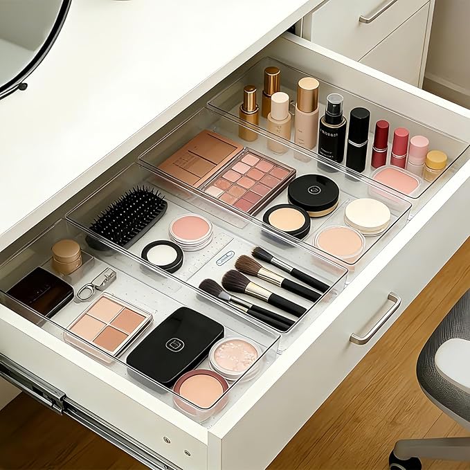 Manalete 8 Pack 15"x6" Extra Large Clear Plastic Drawer Organizer Trays, Multi-Purpose Storage Bins for Vanity, Makeup, Kitchen Utensils, Bathroom, Office Desk, Auto Tools & Craft Supplies