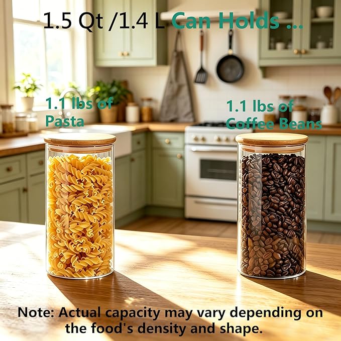 VIEWELLD 1.5 Qt Round Glass Storage Containers with Lids, Clear Food Storage Container Jar with Sealing Bamboo Lid for Noodles Flour Cereal Rice Sugar Tea Coffee Beans, Round Set of 3