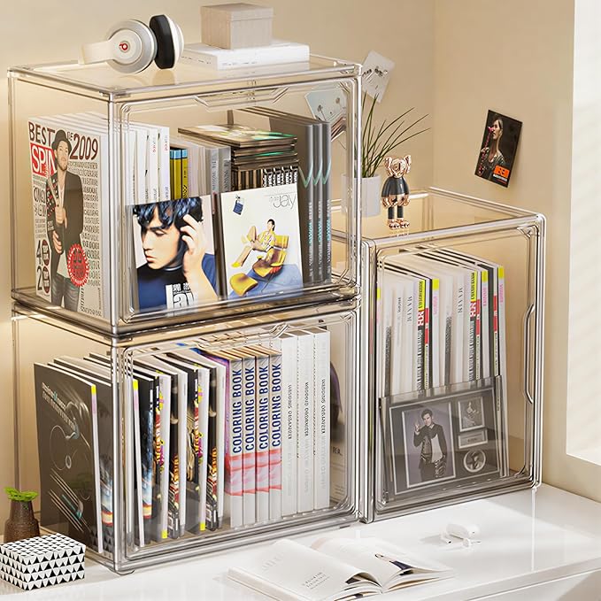 Clear Plastic Storage Bins, Acrylic Display Case with Magnetic Door, Large Stackable Display Organizer Box for Collectibles, Shoes, Book, Cosmetic, Figures Showcase(2 Pack)